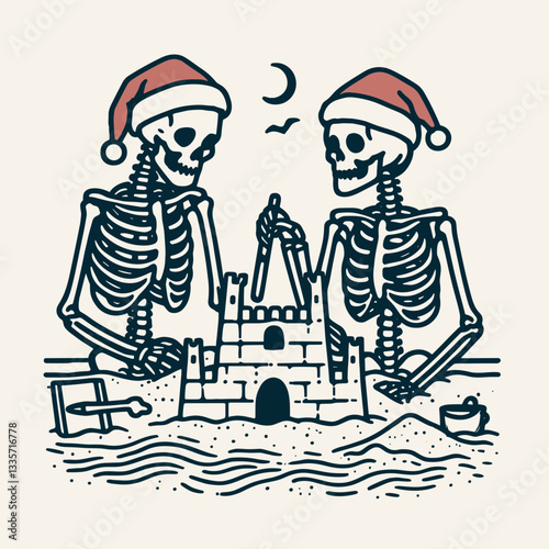Wallpaper Mural Skeleton couple wear santa hats building a minimalist vector sandcastle on a sunny beach Torontodigital.ca
