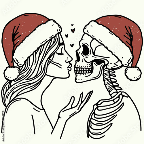 Wallpaper Mural Skeleton couple wear santa hats blowing kisses a minimalist vector graphic illustration shows spooky holiday love Torontodigital.ca