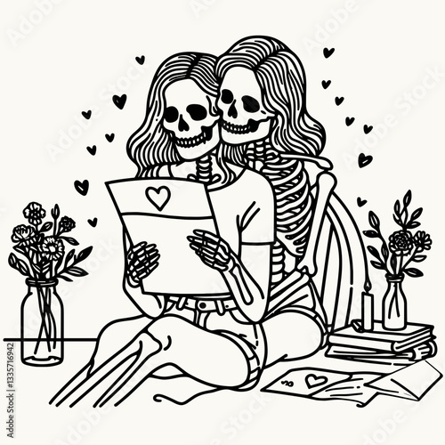 Skeleton lesbian couple writing love letters a minimalist monochrome graphic depicting their affection.
