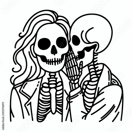 Skeleton lesbian couple whispering secrets a minimalist monochrome drawing depicts their clandestine love.