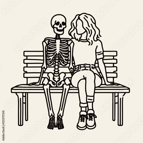 Skeleton lesbian couple sitting together on a bench a minimalist silhouette drawing depicts their quiet intimacy.