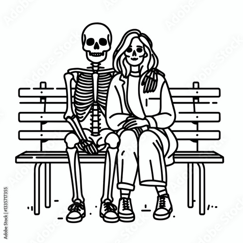 Skeleton lesbian couple sitting together on a bench a minimalist monochrome vector outline drawing depicts quiet love.