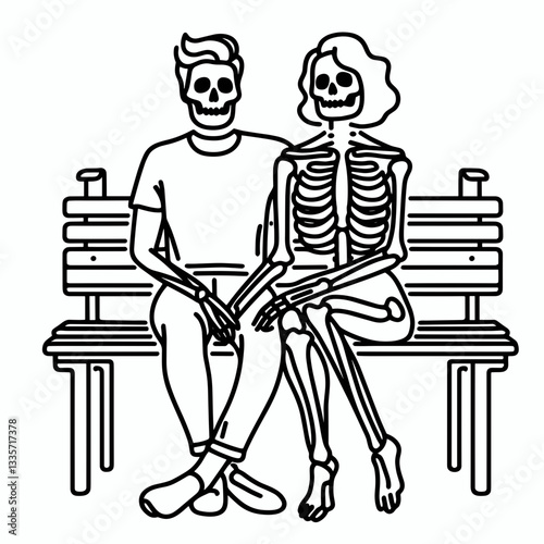 Skeleton lesbian couple sitting together on a bench a minimalist vector outline drawing depicts their quiet bond