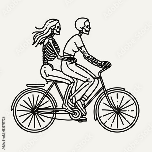 Skeleton lesbian couple ride bikecycle a minimalist monochrome vector graphic showcasing their adventurous spirit.