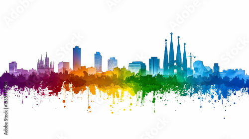 Colorful Barcelona skyline, city travel poster
