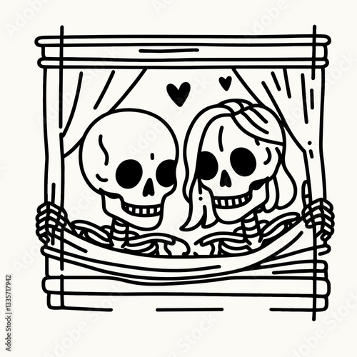 Skeleton lesbian couple peeking minimalist silhouette drawing a haunted moonlit graveyard