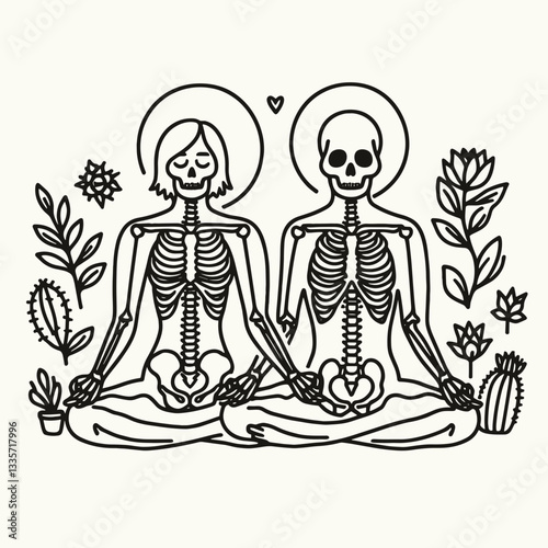 Skeleton lesbian couple meditation silhouette drawing depicts two entwined souls finding inner peace.