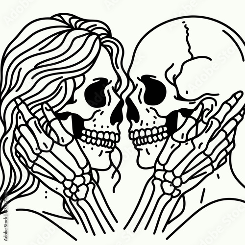 Skeleton lesbian couple holding each others faces for a kiss minimalist monochrome vector drawing shows tender affection.