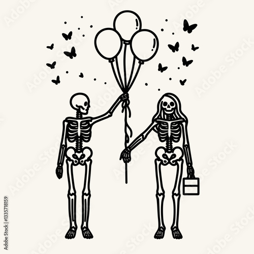 Skeleton lesbian couple holding balloons releasing them together a minimalist vector drawing depicts their love.
