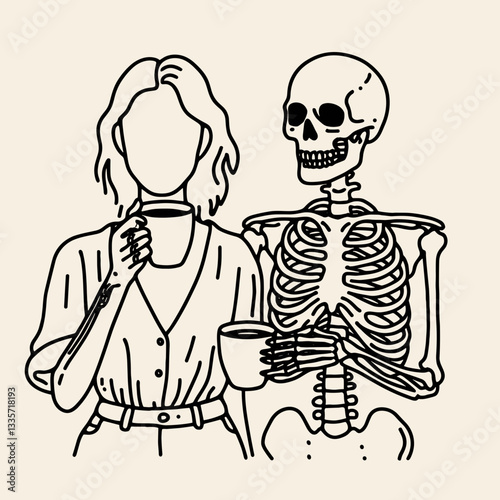 Skeleton lesbian couple hold coffee mug drink coffee minimalist monochrome vector outline drawing a chilly autumn morning