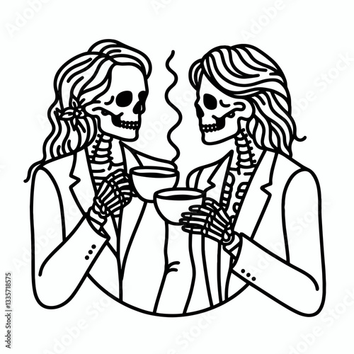 Skeleton lesbian couple drinking tea together a minimalist monochrome vector drawing depicts their quiet afternoon.