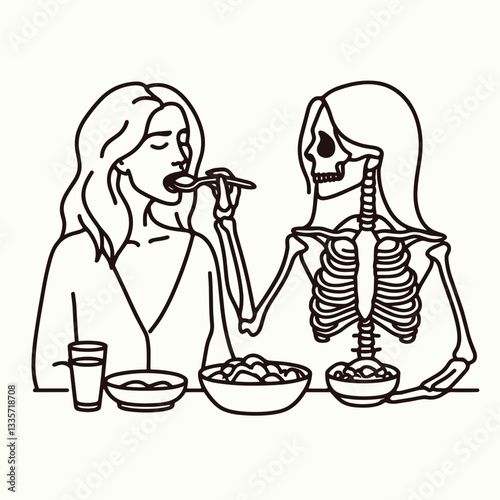 Skeleton lesbian couple dinner feeding each other a minimalist monochrome vector drawing depicts spooky love.