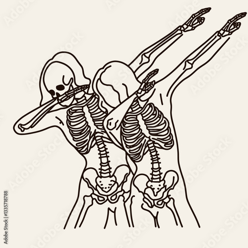 Skeleton lesbian couple dabbing minimalist silhouette graphic of a spooky same-sex pair.