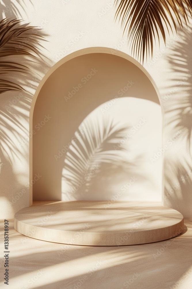 Fototapeta premium Beige display podium with archway and tropical leaves