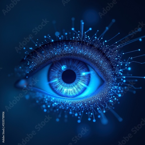 A stunning eye, highly detailed eye made of intricate digital elements glowing lines, microchips, and complex circuit patterns forming a luminous and captivating design.