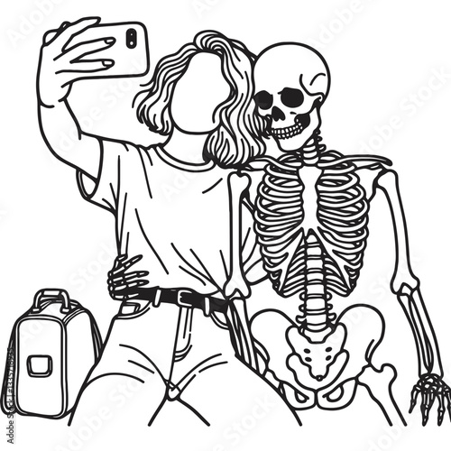 Skeleton lesbian couple selfie vector outline drawing a spooky minimalist monochrome love.
