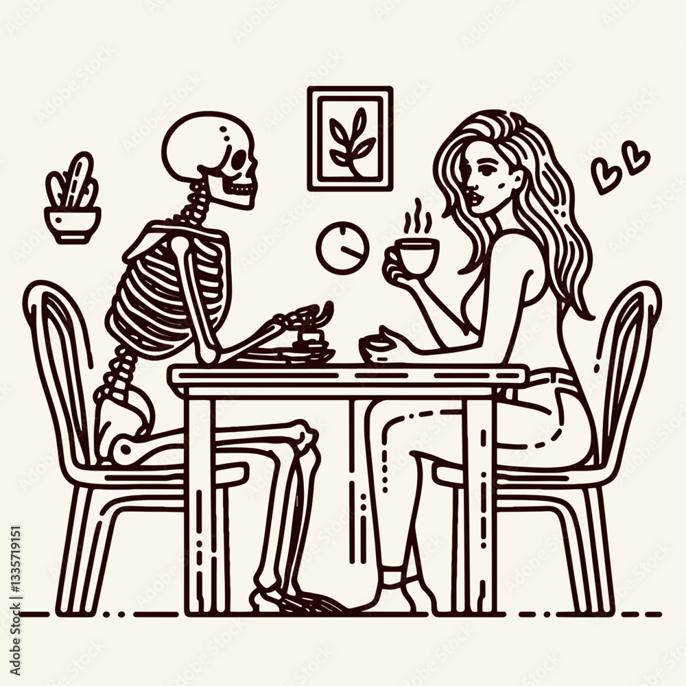 Skeleton lesbian couple Casual Coffee Date in cafe minimalist doodle depicts a sweet afternoon Skeleton lesbian couple Casual Coffee Date in cafe minimalist doodle depicts a sweet afternoon