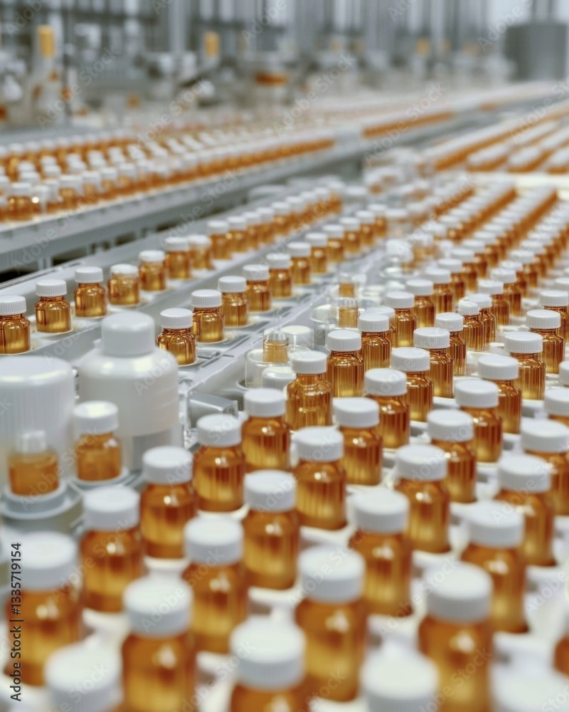 Obraz premium city living, modern architecture, travel. Amber and White Bottles on a Conveyor Belt in a Pharmaceutical Factory