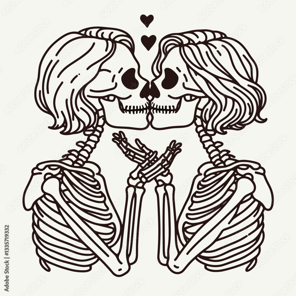 Obraz premium Skeleton lesbian couple blowing kisses to each other a minimalist vector drawing depicts a romantic gothic love story.