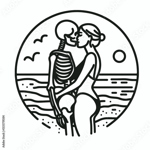 Skeleton lesbian couple beach sunset kiss: a minimalist silhouette drawing of two embracing lovers at twilight.