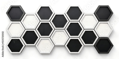 A modern abstract design with black and white hexagons arranged in a honeycomb pattern.