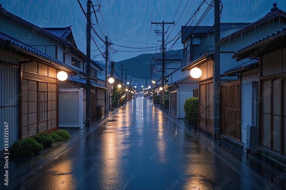 Fototapeta premium Serene Rainy Evening on Twinkling Dusk Lane in Japanese Urban Setting