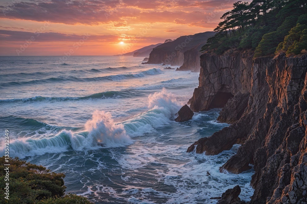 Obraz premium Stunning Japan Sunset Over Rugged Cliffs with Waves Crashing Seascape