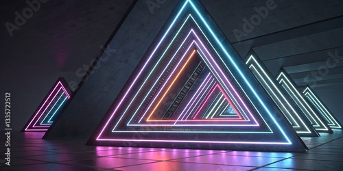 A sleek digital pattern of layered metallic triangles reflecting vibrant neon lights