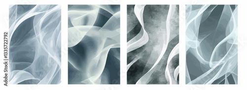 Vector pattern set of graceful soft white curves on a muted stormy gray background