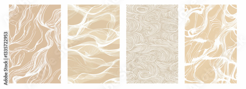 Vector pattern set of modern flowing white doodles on a light coffee beige background