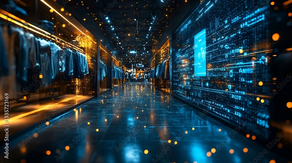 Futuristic clothing store aisle with digital displays Futuristic clothing store aisle with digital displays