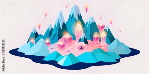  A surreal 3D mountain range made of crystalline structures, glowing softly
