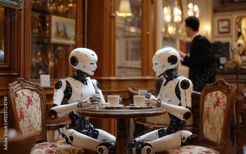Two humanoid robots sit in a cozy café, sipping coffee and chatting as a human waiter serves them. A perfect blend of AI and tradition in a warm setting.
