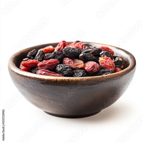 A bowl of dried fruit, including raisins and cranberries