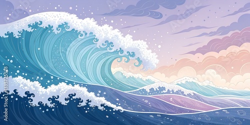 A wave-inspired gradient with cool blues, purples, and gentle foamy whites.