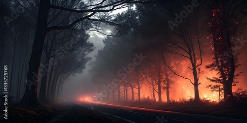 Orange flames on the right reveal a forest fire, creating a sense of urgent danger.