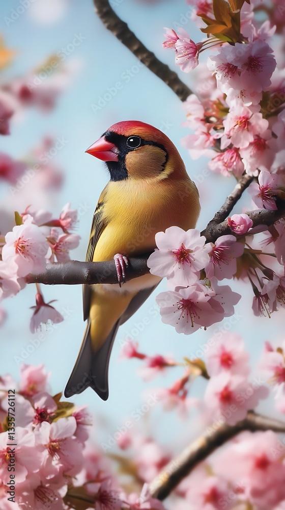 A vibrant Yellow-crowned Cardinal perched amidst a breathtaking display of cherry blossoms, nature's artistry at its finest. A vibrant Yellow-crowned Cardinal perched amidst a breathtaking display of cherry blossoms, nature's artistry at its finest.