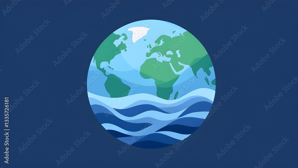 Naklejka premium Minimalist Illustration of Earth with Ocean Waves on Dark Background – World water day, Global Concept for Environment, Climate, and Geography Themes, 22 march.