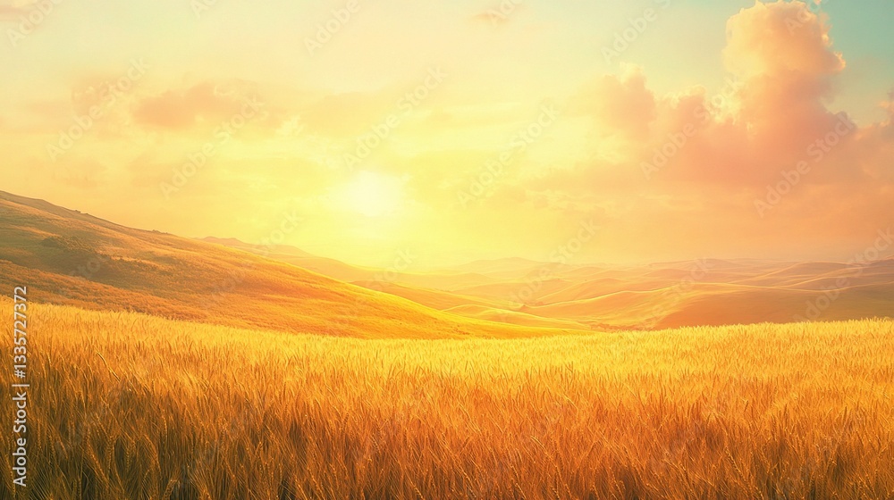 Golden Wheat Field Sunset: A breathtaking view of a golden wheat field at sunset, rolling hills bathed in the warm light of the setting sun, creating a serene and idyllic landscape. Golden Wheat Field Sunset: A breathtaking view of a golden wheat field at sunset, rolling hills bathed in the warm light of the setting sun, creating a serene and idyllic landscape.