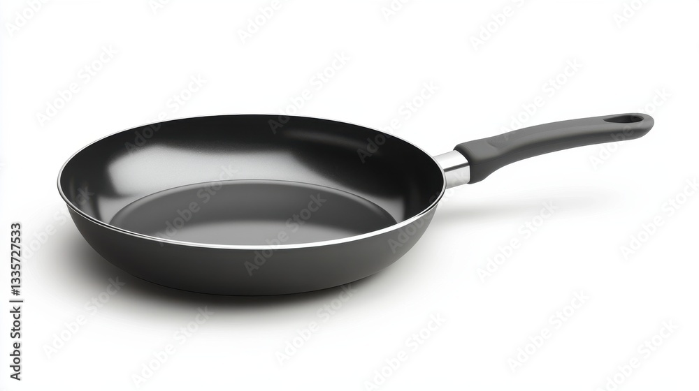 A black pan with a handle sits on a white background A black pan with a handle sits on a white background