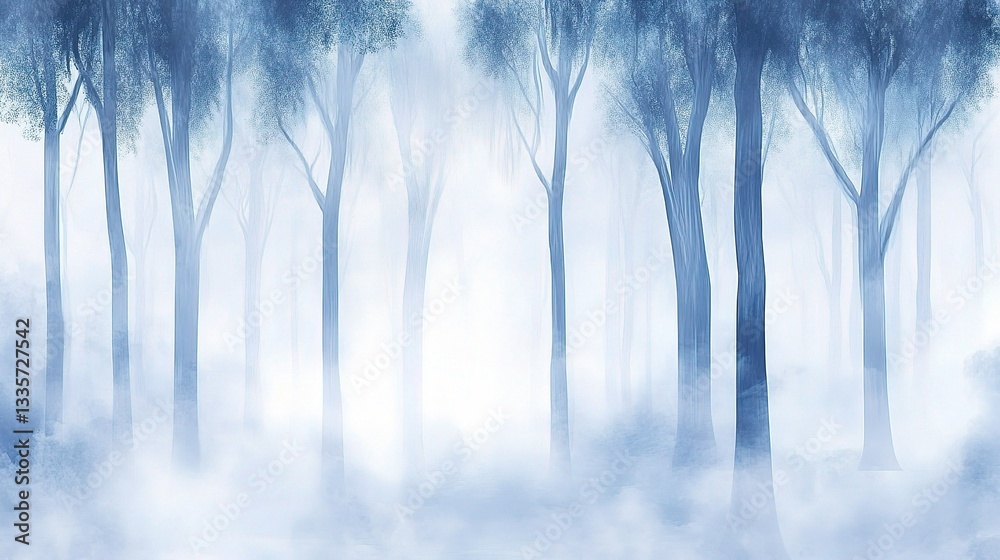 Naklejka premium Misty Forest Scene: A serene scene of tall trees enveloped in a thick, ethereal fog, creating an atmosphere of mystery and tranquility in the heart of the woods.