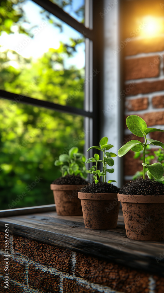 Small Seedlings Growing in Beautiful Flower Pots on a Windowsill Small Seedlings Growing in Beautiful Flower Pots on a Windowsill