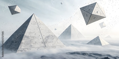 Floating polygonal shapes in a misty, white-on-white minimalist background.