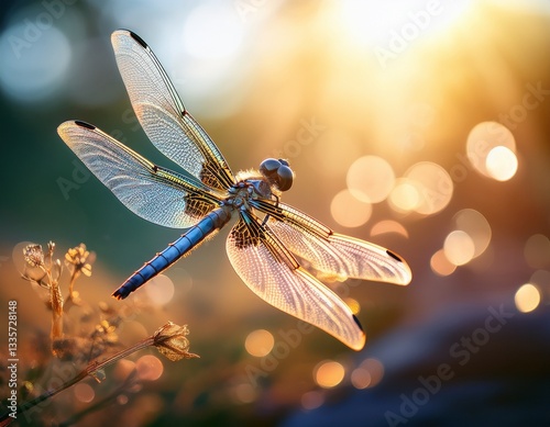 dragonfly flapping its wings with blurred background