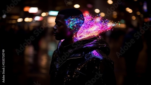 Man with vibrant light trails emanating from his head in a city at night.