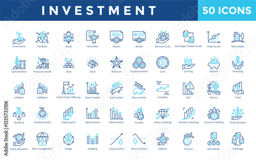 Investment icon set with portfolio, asset, securities, stocks, bonds, mutual funds, exchange traded funds, index funds, real estate, commodities icon. Simple outline color vector 
