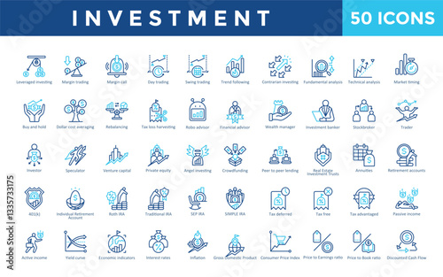 Investment icon set with stockbroker, trader, investor, speculator, venture capital, private equity, angel investing, crowdfunding, peer to peer lending icon. Simple outline color vector 
