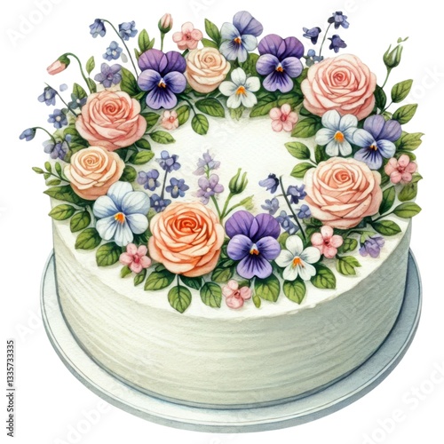 Vintage cake concept. A beautifully decorated cake adorned with roses and various flowers, creating a vibrant floral arrangement on top.