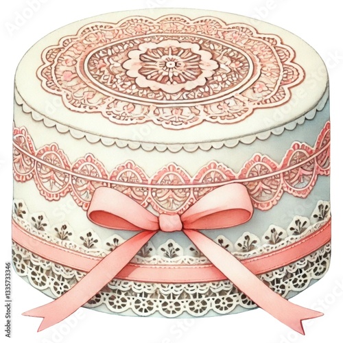 Vintage cake concept. A beautifully designed decorative cake box featuring intricate lace patterns and a soft pink ribbon, perfect for a special occasion.