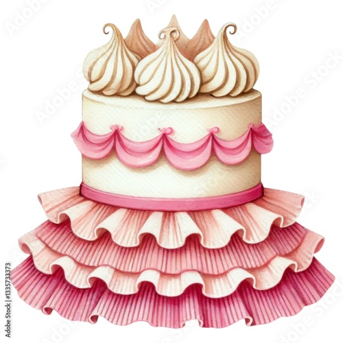 Vintage cake concept. A beautifully decorated pink cake topped with delicate meringue swirls and a ruffled skirt, perfect for celebrations.